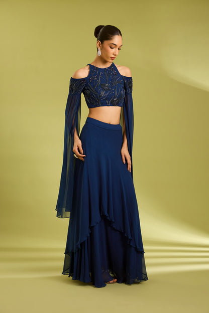 Blue Embroidered Lehenga with Cape Sleeves