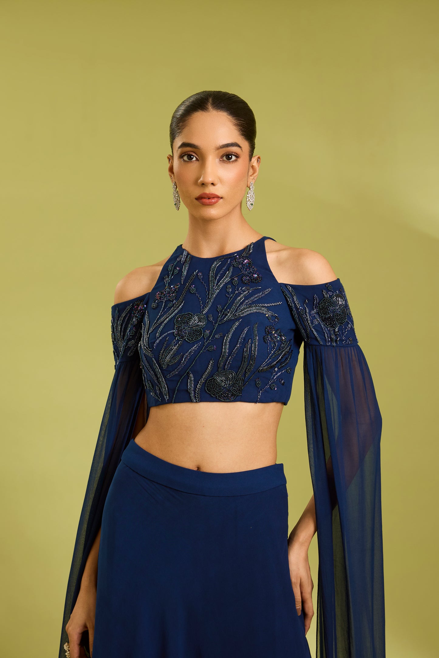 Blue Embroidered Lehenga with Cape Sleeves