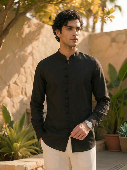Black Hemp Mandarin Shirt