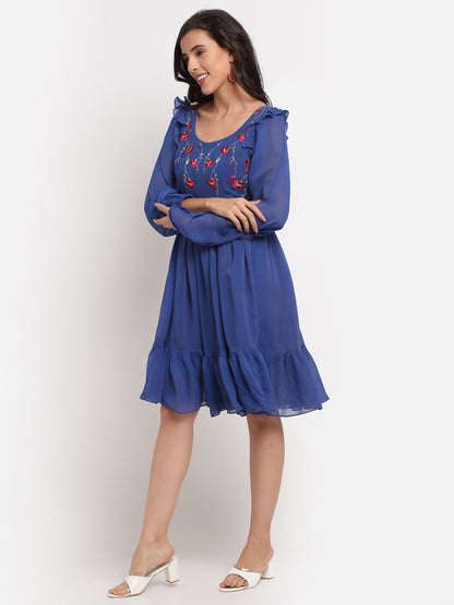 Blue Embroidered Tier Dress