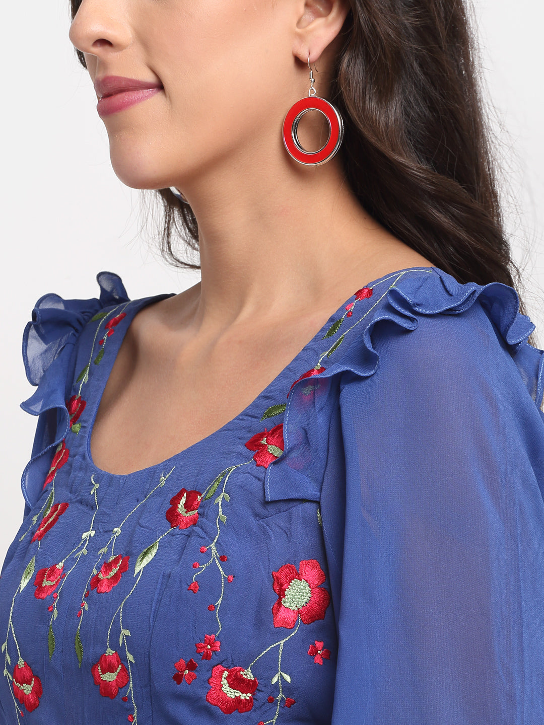 Blue Embroidered Tier Dress