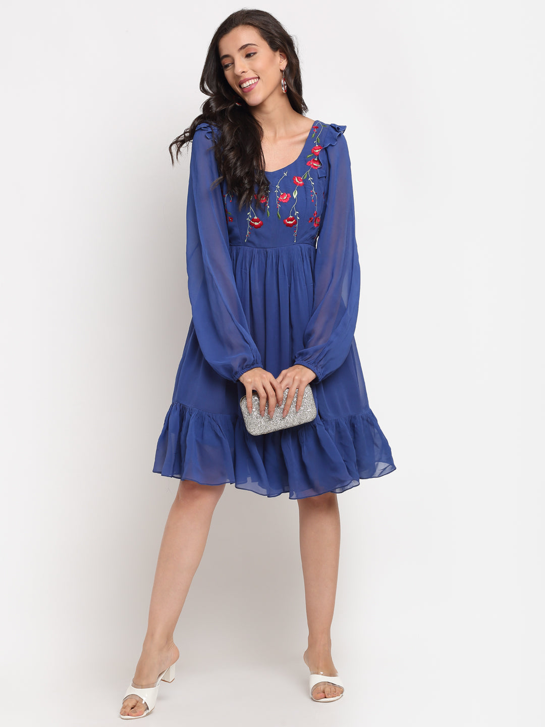 Blue Embroidered Tier Dress