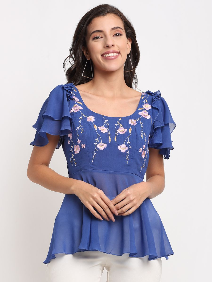 Blue Floral Embroidered Top