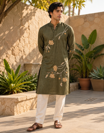 A man wearing an olive green kurta with beige floral embroidery, paired with white trousers and brown sandals, standing in a sunny outdoor courtyard with stone walls and potted plants.