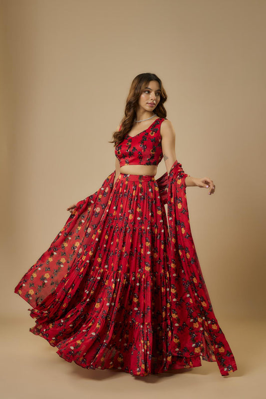 Red Embroidered Lehenga Saree