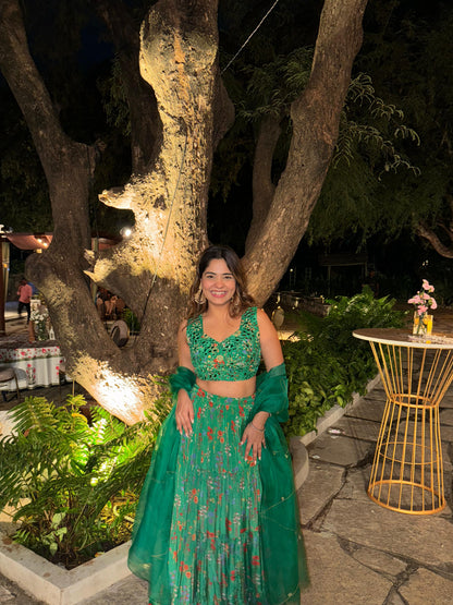 Green Printed Lehenga