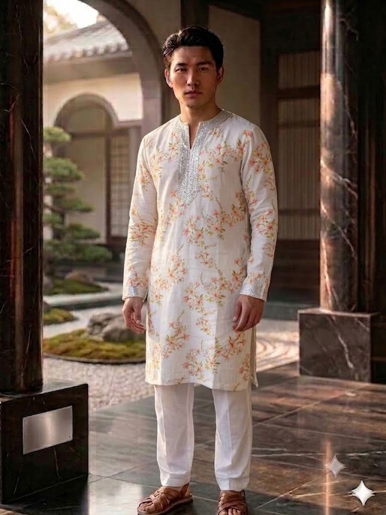 Ivory Embroidered Hemp Kurta