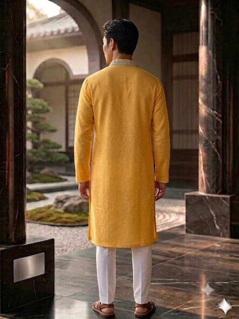 Yellow Hemp Embroidered Kurta