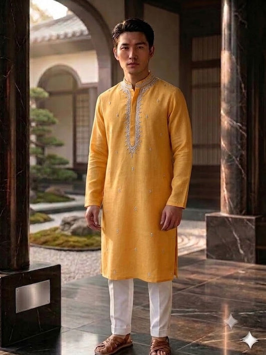Yellow Hemp Embroidered Kurta