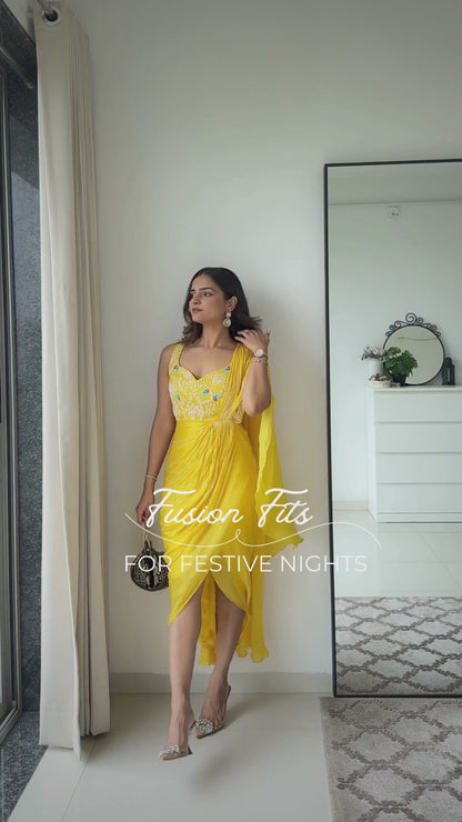 Yellow Embroidered Drape Saree Gown