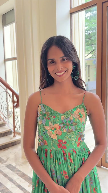 Green Printed Lehenga