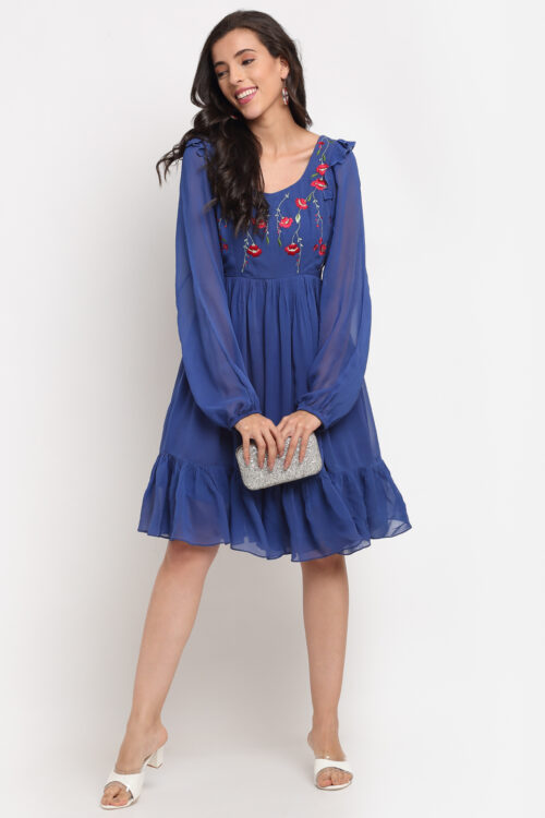 Blue Embroidered Tier Dress